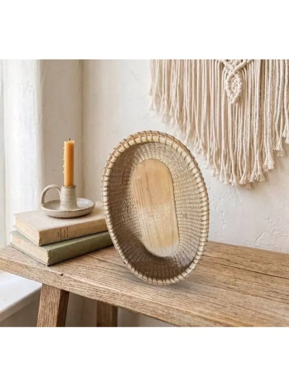 Vintage Handwoven Nantucket Style Oval Bread Basket | Solid Hardwood Base | Coas